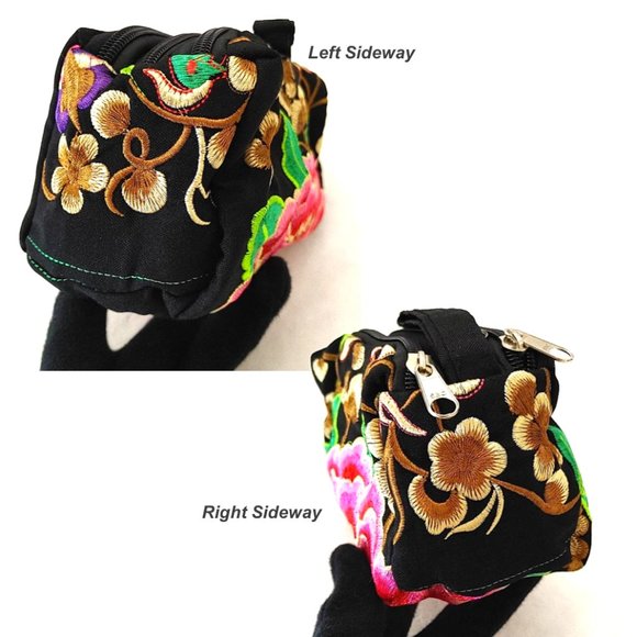 Embroidered Floral Fabric Wristlet Pouch Black Pink 3-Layer Zipper Wallet Lined - Picture 6 of 11